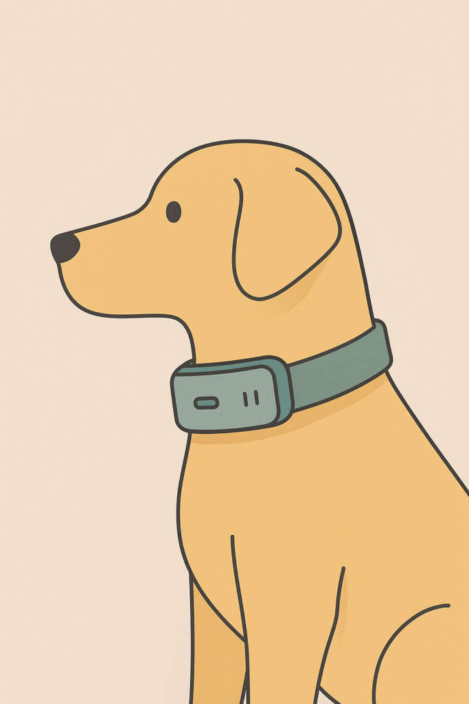 Illustration of a dog using a smart collar connected to a mobile app for pet health and devices